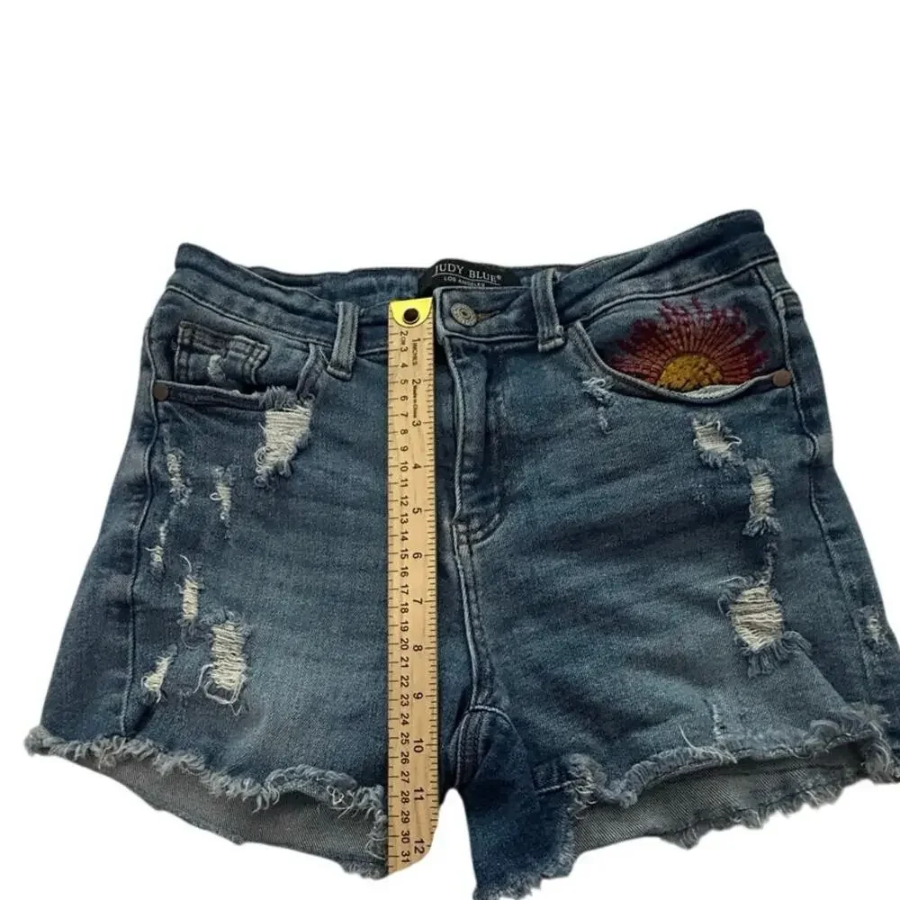 Judy Blue M High Rise Distressed Denim Shorts Sun Embroidered